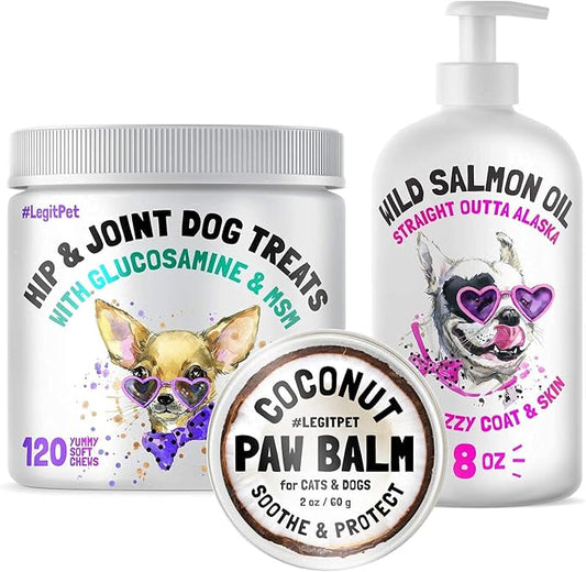 LEGITPET Hemp Hip & Joint Supplement for Dogs 120 Soft Chews and Wild Alaskan Salmon Oil for Dogs & Cats 8 oz and Paw Balm Wax Soother & Moisturizer Cream with Natural Food-Grade Coconut Oil Bundle