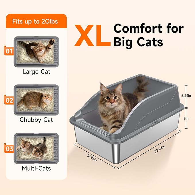 Stainless Steel Cat Litter Box with Lid, XL Extra Large High Sided Litter Box for Big Cats, Odor Free Open Top Litter Pan Easy Cleaning Anti-Urine Leakage Non-Stick, Includes Scoop