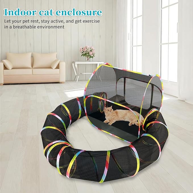 Outdoor Cat Enclosure, 2-in-1 Portable Pop Up Cat Mesh Tent with Tunnel for Cat Run, Easy Set Up and Foldable Catio Playground for Indoor Cats, Rabbits & Small Animals, Includes Storage Bag