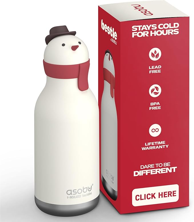 asobu Bestie Bottle Insulated Stainless Steel Water Bottle with Detachable Soft Animal Head Fun Drinking For Kids and Teens with Flexible Reusable Straw 16 Ounce (SNOWMAN)