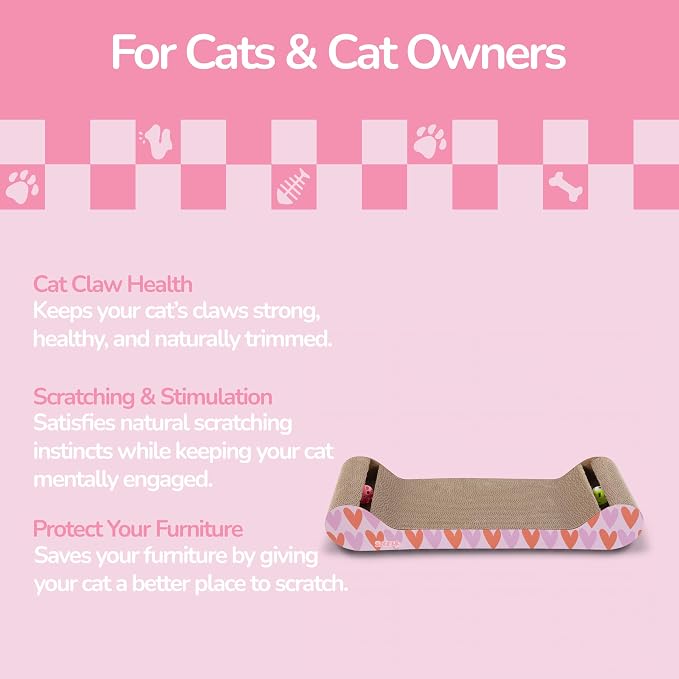 Rini 23.75" Modern Cardboard Cat Scratcher Lounge Bed with Built-in Bell Toys and Catnip, Ergonomic Curved Sofa Design, Pink/Red, Set of 2 CSR1003D-SET2