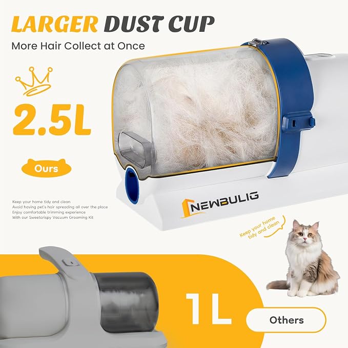 NEWBULIG Pet Grooming Vacuum Kit, 2.5L Dust Cup, 3 Suction Modes and 5 Groomer Tools, Dog Clippers with Cordless Low Noise for Cats, Dogs Other Animals Hair Trimmer