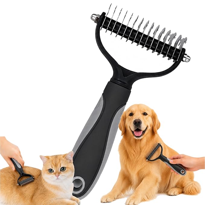 Undercoat Rake Pet Grooming Tool – Double Sided Dematting Comb for Dogs and Cats, Stainless Steel Deshedding Brush for Shedding, Tangles & Matted Fur, for Long Haired & Thick Coat Pets (Gray)