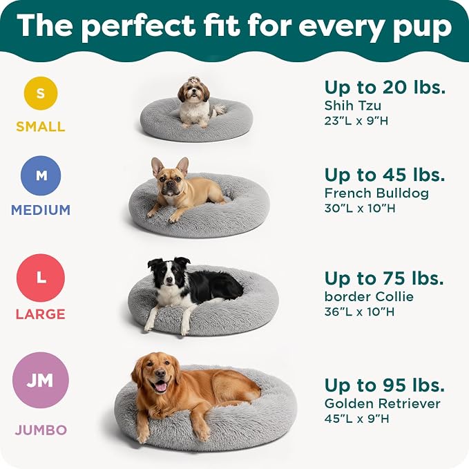FurHaven 45" Calming Donut Dog Bed for Large Dogs, Round Plush Donut with Soft Filling for Snuggling Comfort, Removable Washable Cover, Jumbo XL, Shaggy Faux Fur, Mist Gray