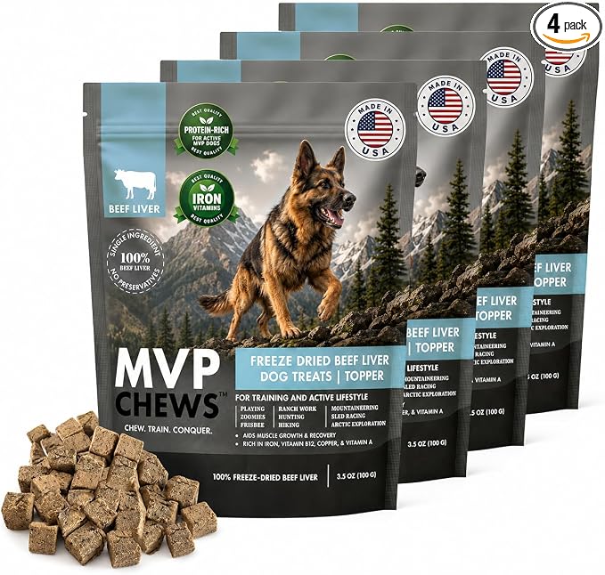 MVPChews | Freeze Dried Beef Liver Dog Treats | Single Ingredient Training Treats | High Protein, Grain Free, No Additives or Fillers | Premium Quality Food Topper | Made in USA - 3.5oz (Pack of 4)