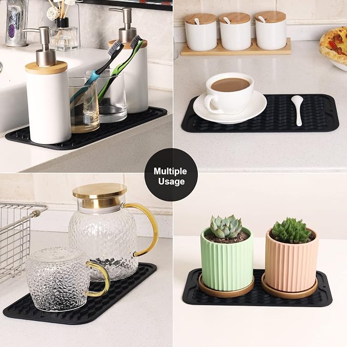 ZLR 2 Pcs Silicone Sink Caddy Tray (6" x 12" / 153 x 305mm) - Narrow Sponge Holder for Kitchen Counter - Waterproof Dish Drying Mat, Non-Slip Soap Dispenser Mat & Bathroom Vanity Organizer (Black)