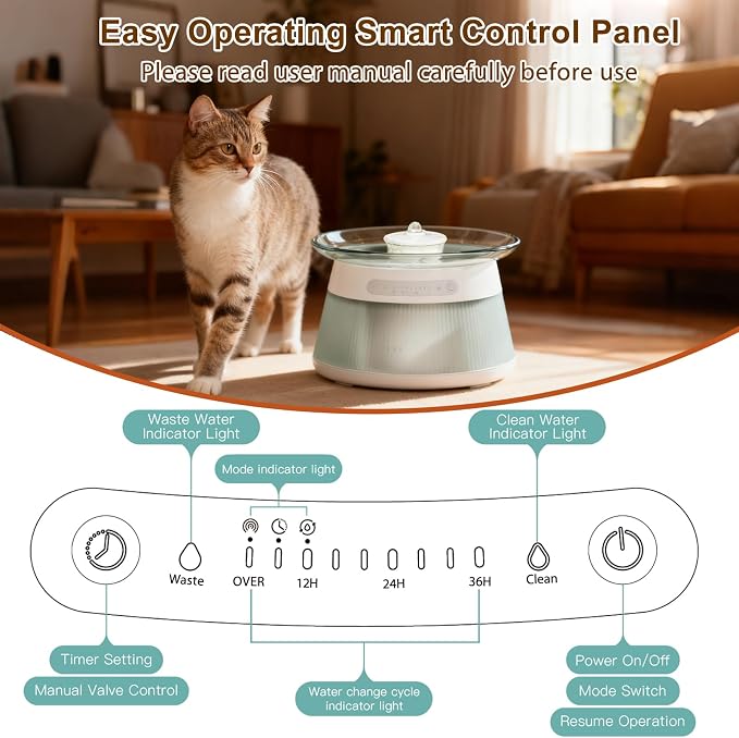 Glass Smart Cat Water Fountain, Cordless Filterless Cat Drinking Fountain No Filter Needed, Ultra Silent Wireless Pet Water Dispenser Bowl Indoor
