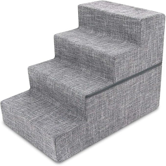 Best Pet Supplies Round Bed for Pet, 4-Step Pet Stair, Grey Linen (Foldable)