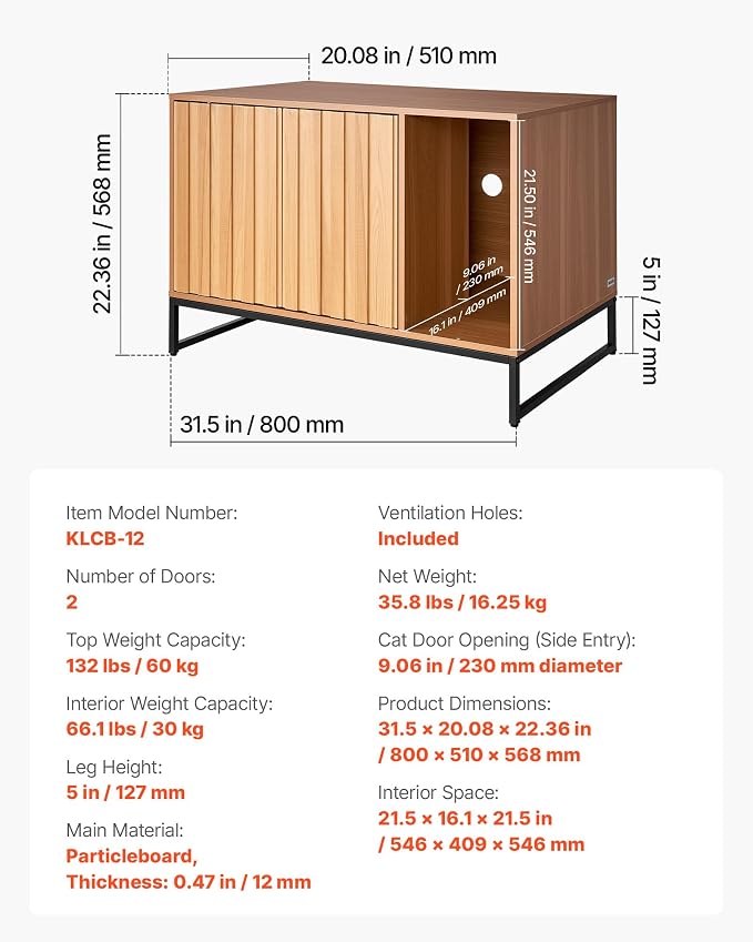 VEVOR Cat Litter Box Enclosure Furniture, 31.5 in Hidden Litter Box Cabinet with Scratch Pad & Storage, Waterproof Cat Washroom End Table Cat House, Fit Most of Litterbox, for Bedroom Living Room