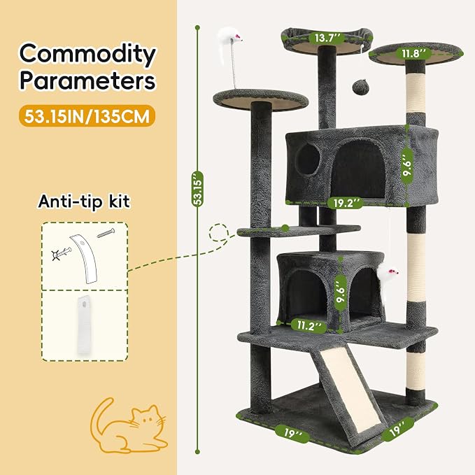 53-inch Cat Tree Tower for Indoor Cats,Cat Tree House Cat Furniture with Sisal Scratching Post,2 Cat Caves,Dangling Toys (Black)