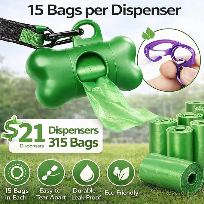 Dog Poop Bag Holders For Leashes Carabiner, Poop Bag Dispenser Unscented Biodegradable,21 Pcs Bone Shaped Doggy Waste Bags