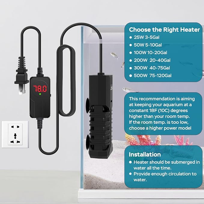 AquaMiracle Aquarium Heater, 50W Submersible Fish Tank Heater with LED Digital Display, Overheat Protection & Auto Power-Off When Out of Water, for Freshwater and Saltwater Fish Tanks (5-10 Gal)