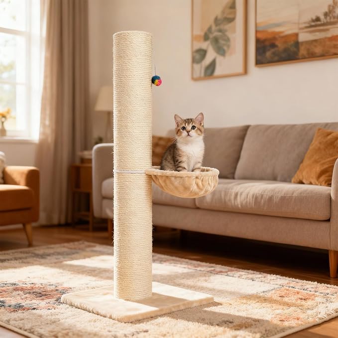 Tall Scratching Post for Cats 47in Tall Sturdy Natural Sisal Cat Scratcher with Thick Solid Wood Base Scratching Post Hammock for Indoor Adult Cat Stable Cat Scratcher with Ball Interactive Toy