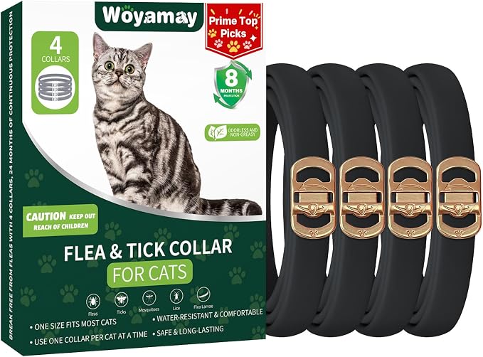 Woyamay 4 Pack Flea Collar for Cats, Cat Flea and Tick Treatment, 32-Month Flea and Tick Prevention for Cats, Waterproof Cat Flea Collar, Adjustable Cat Flea and Tick Collar for Cats Kittens, Black