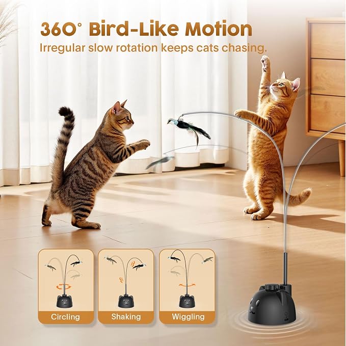 Interactive Cat Toys for Indoor Cats: Automatic Flying Bird Cat Toy with 360° Feather Wand, Strong 8cm Suction Cup, USB Rechargeable Self-Play Cat Toy for Bored Kittens & Adult Cats