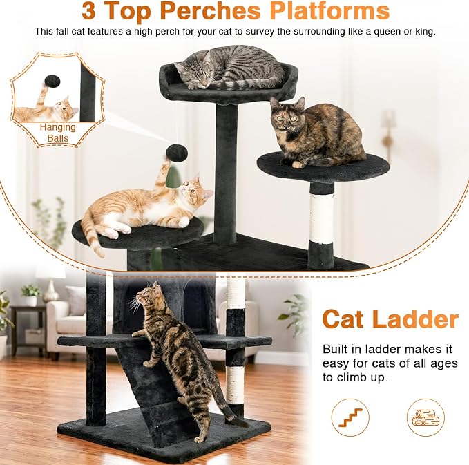FDW | 54" Cat Tree Tower | Dark Gray | Multi-Level Indoor Activity Center with Sisal Scratching Posts, Condos, Plush Perches, Hanging Cat Toys | Sturdy, Easy to Assemble | for Kittens & Adult Cats