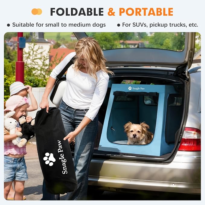 Snagle Paw Portable Dog Crate for Car Travel, Collapsible Large Dog Travel Crate with Metal Frame & 3-Door Mesh Windows, Secures in Trunk/Backseat, Soft-Sided Kennel Carrier for Medium Large Dogs-L
