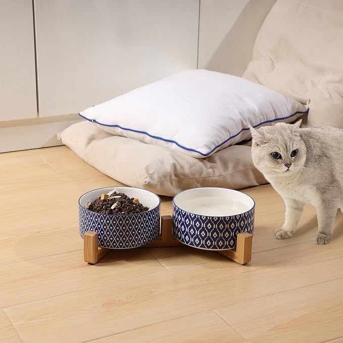 Selamica Ceramic 30 OZ Dog Bowls with Wooden Stand, Anti-Slip Dog Dishes Set for Cats & Small Dogs, Weighted Pet Bowls Set of 2, Vintage Blue
