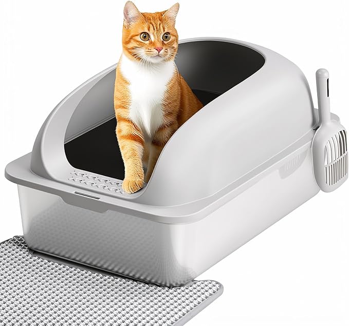OLIXIS Stainless Steel Cat Litter Box with Lid, Large Cat Litter Box for Big Cats, High Wall Sides, Anti-Urine Leakage, Easy Cleaning, Scoop and Mat Included, Easy Cleaning, Light Gray
