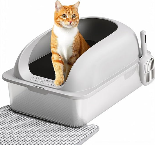 OLIXIS Stainless Steel Cat Litter Box with Lid, Large Cat Litter Box for Big Cats, High Wall Sides, Anti-Urine Leakage, Easy Cleaning, Scoop and Mat Included, Easy Cleaning, Light Gray
