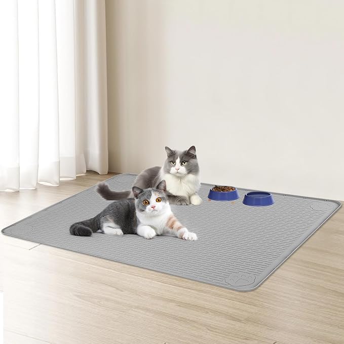 Cat Food Mat, 40" x 40" Extra Large Silicone Pet Feeding Mat with Raised Edge Pet Placemat for Food and Water Bowl Non-Slip, Easy to Clean, Floor Protection (Light Grey)