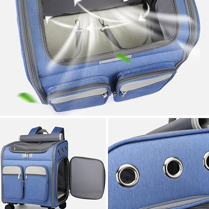 Pet Travel Carrier with Removable Rolling Wheels, Cat Rolling Carrier Backpack Pet Stroller Luggage Bag for Dogs Cats Puppy,Mesh Ventilation Windows, 2 Storage Pockets,Telescopic Handle