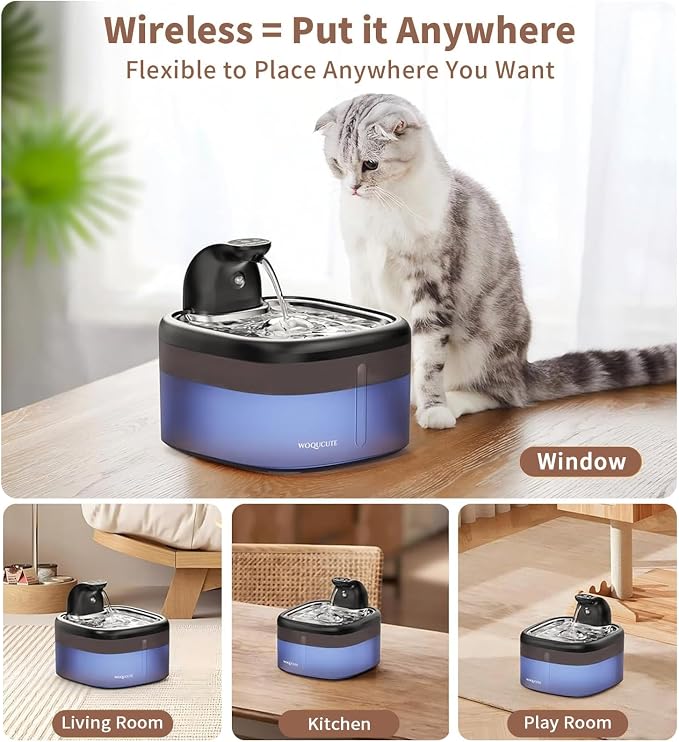 Cat Water Fountain Cordless 118oz/3.5LWireless & Ultra Quiet with Sensor/Timer Mode Stainless Steel Tray BatteryOperated Pet Fountain for Indoor Use, Pet Water Dispenser (Cat Fountain+8 Filters)