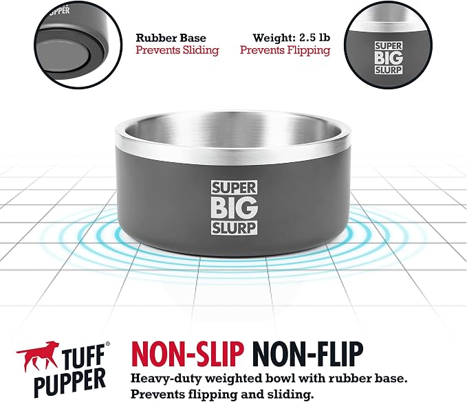 Tuff Pupper 100 oz Heavy Duty Insulated Stainless Steel Dog Bowl for Large Dogs, Non-Slip Base, Dishwasher Safe