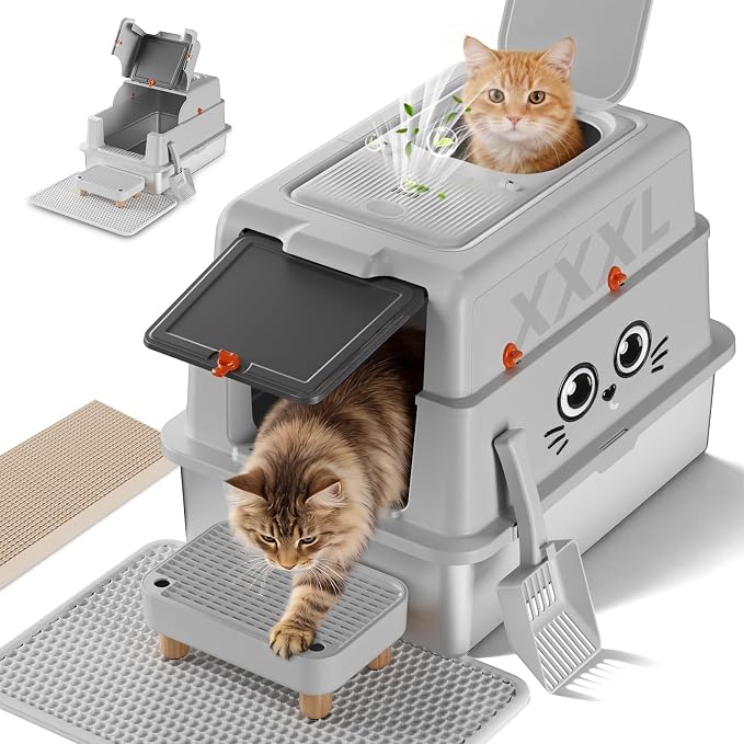XXXL Stainless Steel Cat Litter Box with Lid, 27.5"×20.1"×17.3" Jumbo Enclosed Litterbox,Dual-Entry (Front Entry & Top Exit),High-Sided,Non-Stick,Odor Control,for Big Cats, with Mat,Scoop & Step,Grey