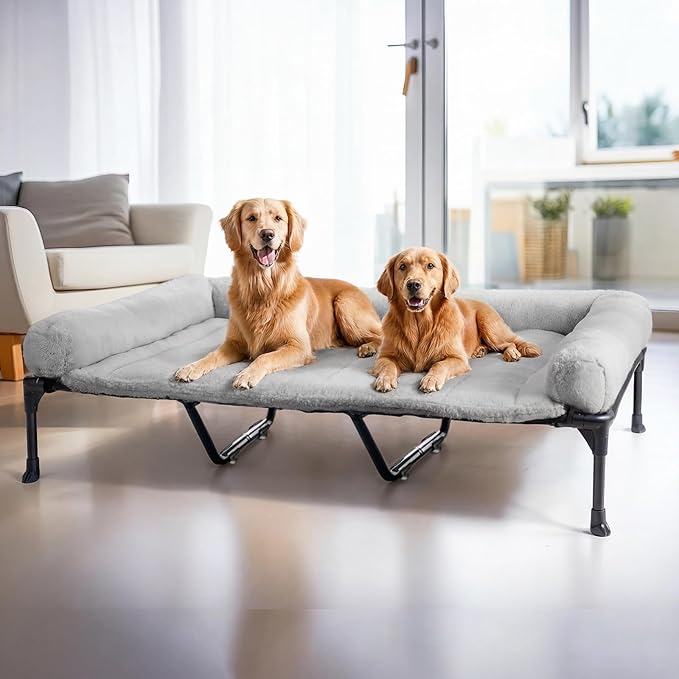 Veehoo Orthopedic Elevated Dog Bed with Fluffy Plush Bolster Cushion, Indoor Raised Dog Beds for Large Dogs, Soft Pet Sofa Cot with Removable Washable Mat, No-Slip Feet, 59 x 37 inches, Grey