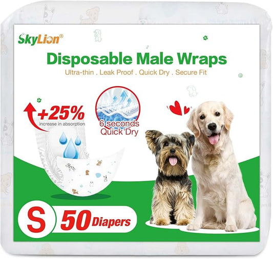 Dog Diapers Male Disposable Super Absorbent, 50 Count, Male Dog Wraps Leak Proof, Ultra Dry & Breathable, Small