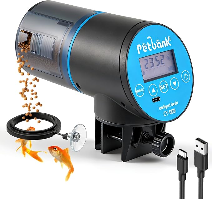 Automatic Fish Feeder for Aquarium - Rechargeable Fish Food Auto Dispenser Vacation Turtle Feeder with USB Charger Cable，LCD Screen, Customized Schedule (Blue)