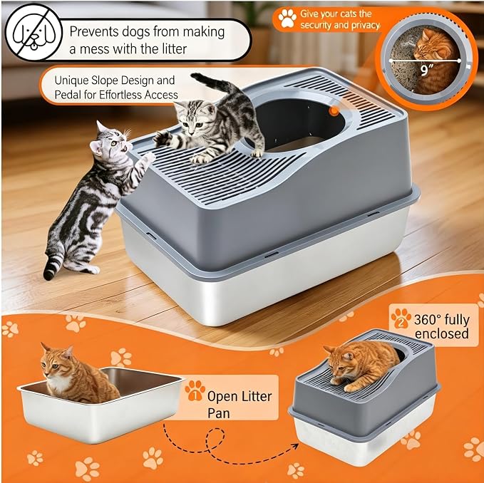 Top Entry Cat Litter Box with Lid, Stainless Steel Enclosed Cat Kitty Litterbox, Top Loading Large Metal High Side Litter Pan Tray Box Enclosure Easy Cleaning Anti-Leakage