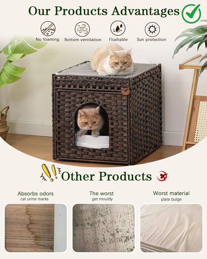SETVSON Cat Litter Box Enclosure Furniture with One Cat Bed Pad, Rattan Hidden Litter Box Handwoven Cat House with Two S-Shaped Hooks for Living Room, Bedroom, 18.5 x 20.5 x 19.1 Inch,Brown