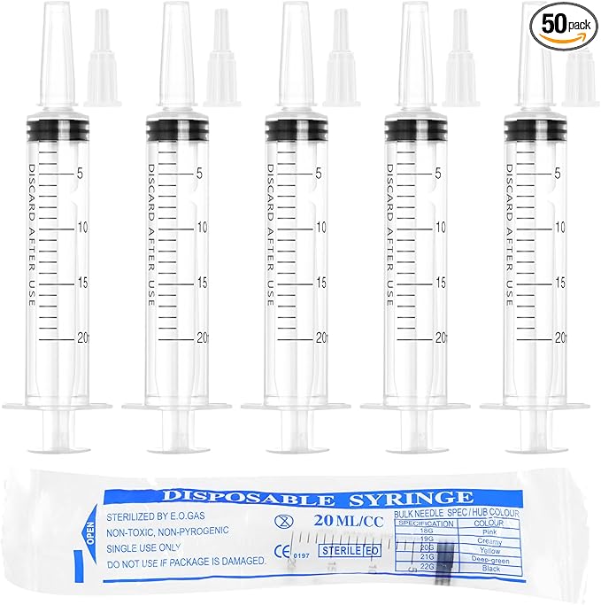 20ml Syringe for Liquid,50 Pack Large Plastic Syringes with Adapters and Cap,Individually Sealed Syringe for Feeding,Irrigation Water and Scientific Labs