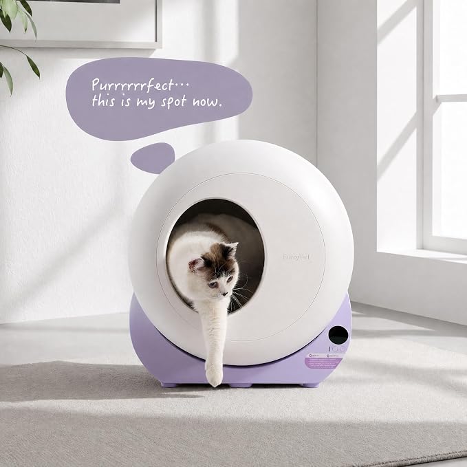 Furrytail Automatic Litter Box Self Cleaning, Kitty Litter Box, Smart Safety Sensors, Advanced Odor & Leak Control, Large Capacity for Multi Cat Homes, with App Control & 40 Trash Bags, Lilac