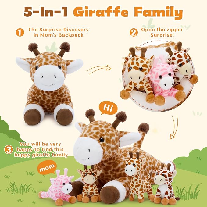 Tezituor 5Pcs Giraffe Stuffed Animal Set, 22 inch Large Mommy Stuffed Giraffe with 4 Cute Babies Deer Toy for Boys Girls, Soft Giraffe Plush Body Pillow for Birthday Party Decor