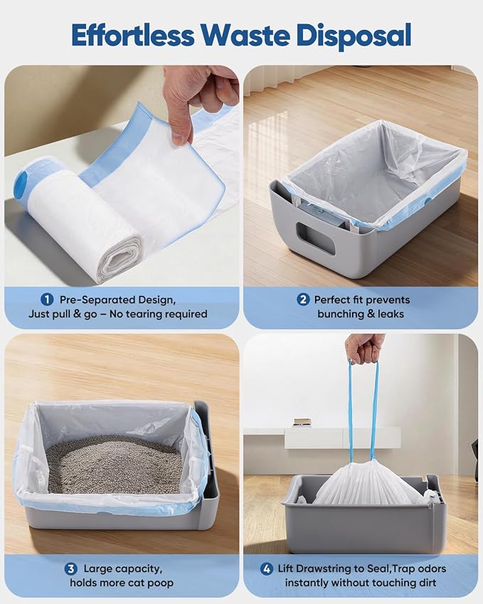 150 Count 26"x11.8" Self-Cleaning Cat Litter Box Bags for Cumrige Fumoi Fsitego Paruuntys Litter box, Pre-Seperated Automatic Litter Box Replacement Drawstring Heavy Duty，10-12 Gallons of Capacity