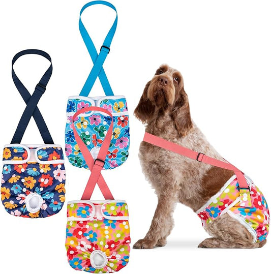 Pet Soft Dog Diapers Female with Suspenders, 3 Pack Reusable Female Dog Diapers for Heat, Dog Period Panties for Doggie in Cycle(X-Large, Floral)