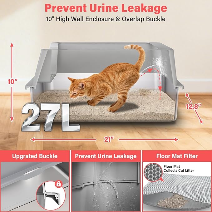 2PACK Stainless Steel Cat Litter Box with High Sides Lid, Extra Large Litter Boxes for Big Cats, XL Metal Kitty Litter Box, Anti-Urine Leakage, Non-Sticky, Easy Cleaning, Include Mat & Scoop