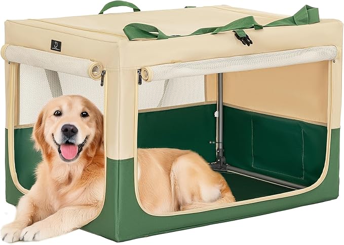 40" Collapsible Dog Crate for Large Dogs - Portable Soft Travel Kennel with Lockable Zippers, Waterproof Base, Washable Cover, Patented Screw Frame for Adjustable Tension, Outdoor, Indoor, Car Use
