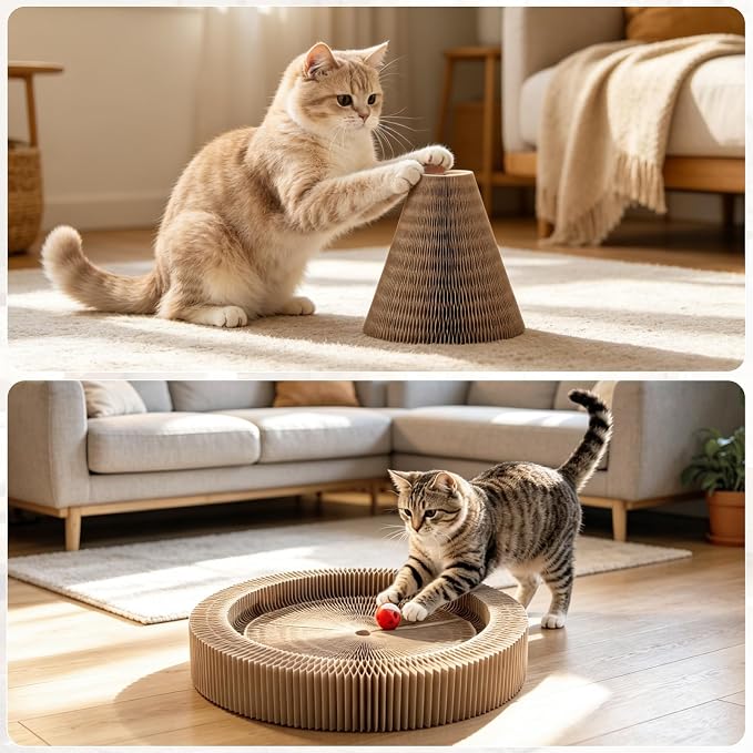 Coppthinktu Cat Scratcher, Interactive Cat Toys for Indoor Cats, Foldable Accordion Cardboard Scratching Board with Bell Ball, Cat Toy for Kitten Play, Chase & Exercise