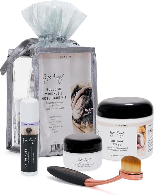 Eye Envy Bulldog Wrinkle Cleaner & Nose Care Kit. Bulldog Wrinkle Wipes, Tear Stain Powder, Applicator Brush & Dog Nose Balm. Cleans Skin Folds. Removes Stains. Helps Cracked Noses. Made in USA