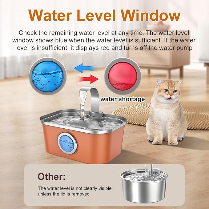 Bobo&Dragon Automatic Stainless Steel Water Fountain for Cat & Dog in Amber Orange 124oz/3.5L Quiet Faucet Flow Water Dispenser, Fresh Filtered Hydration, Easy Clean, Leak-Proof for Indoor Pets