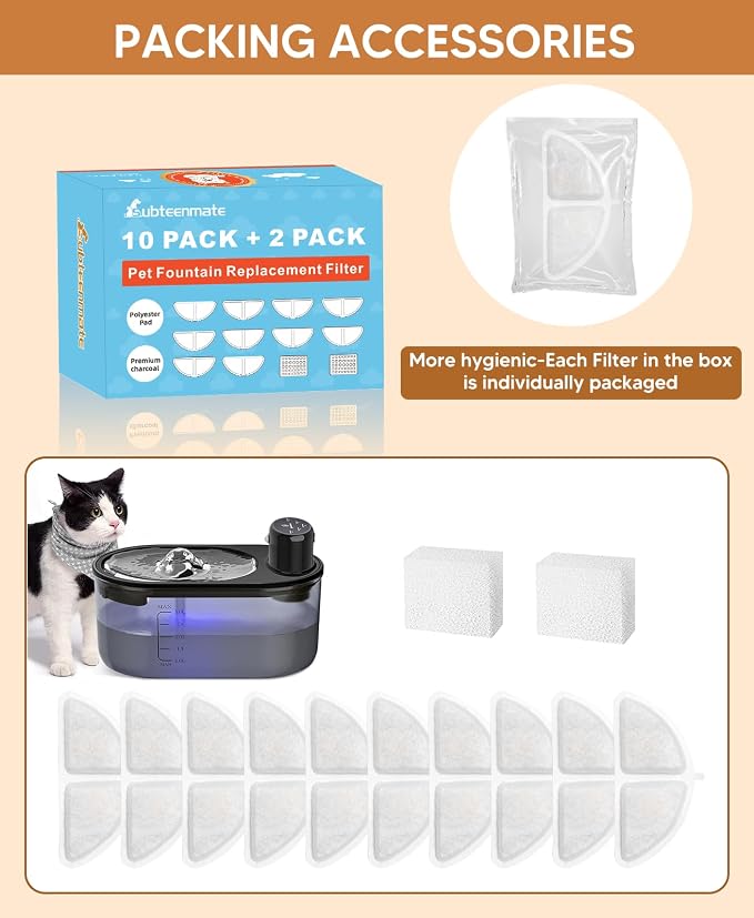 10-Pack Replacement Filters + 2 Pre-Filter Sponges for subteenmate 3L Wireless Cat Water Fountain – Triple-Layer Activated Carbon Filtration, 5-Month Supply