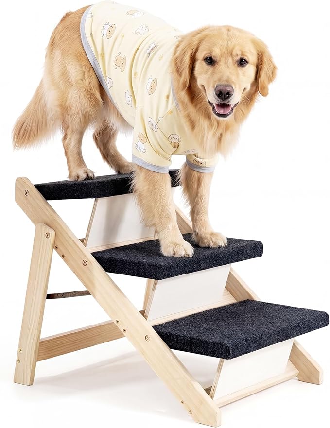 MEWANG Wood Pet Stairs & Ramp for Small/Medium Dogs and Cats, Aging Pets – 2-in-1 Foldable, Portable, Non-Slip Pet Ladder for Tall Beds, Couches,Cars–Holds Up to 220 lbs (24.8" L x 17.2" W x 19.5" H)