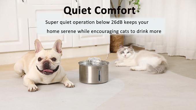 Stainless Steel Cat Fountain, 102 oz/3L Automatic Pet Fountain for Cats and Small Dogs, Ultra-Quiet Pump with White LED Light, Water Level Window