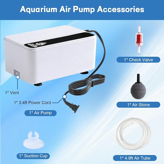 Aquarium Air Pump, Quiet Powerful Fish Tank Air Pump, Adjustable Fish Tank Bubbler with Air Stone, 2.3W/5.5W/8W Bubbler for Aquarium Fish Tank for Small Medium Large Fish Tank Up to 200 Gallon