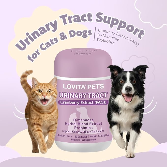 LOVITA Pets Urinary Tract Support for Dogs & Cats, with Cranberry Extract (PACs), D-Mannose and Probiotics, Daily Urinary Health Supplement, 60 Capsules