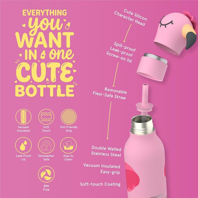 Asobu Bestie Bottle Limited Edition Collectible Kids Water Bottle with Animal Character Lid 16oz (460ml) Insulated Stainless Steel, Leakproof, Reusable with Straw Fun Gift for Girls & Boys
